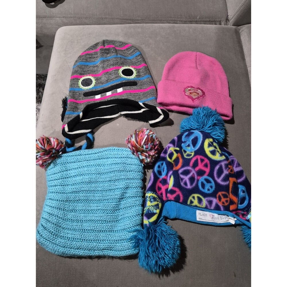 Girls Winter Hat Lot Beanie Pom Pom Character Fleece Knit Cold Weather 4pc